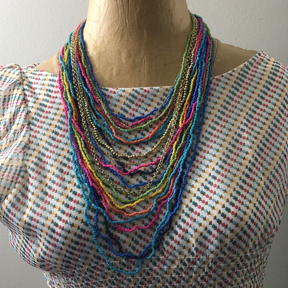 Multi Color Glass Seed & Multi Goldtone Chains Strand Boho Necklace 28" - Picture 7 of 12